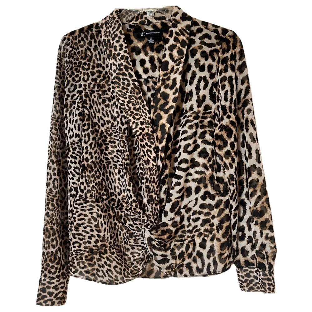 INC Women's Animal Print Top Long Sleeve Blouse surplice neckline Size Medium